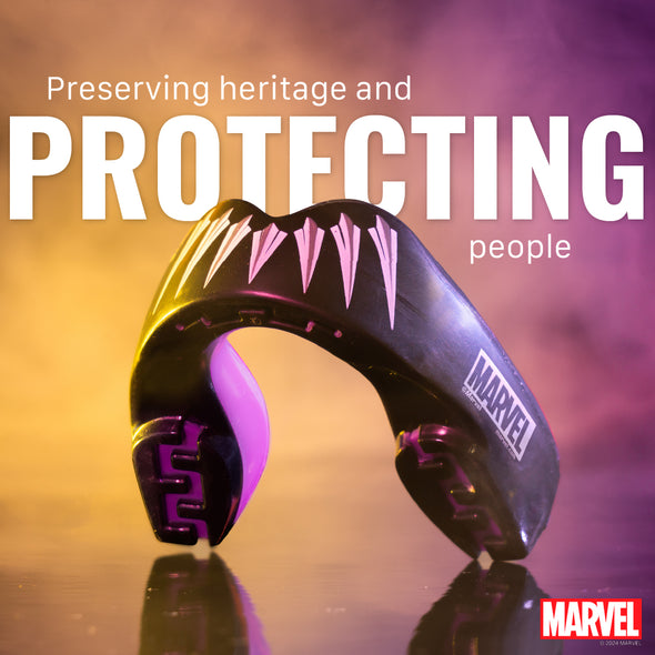 Marvel mouthguard with text 'Preserving heritage and protecting people' on a gradient background