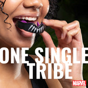 Person wearing a futuristic mouthpiece with text 'ONE SINGLE TRIBE' and Marvel logo.
