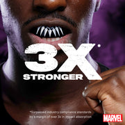 Close-up of a person with a superhero costume, featuring the text '3X Stronger' and Marvel logo.