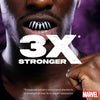 Close-up of a person with a superhero costume, featuring the text '3X Stronger' and Marvel logo.