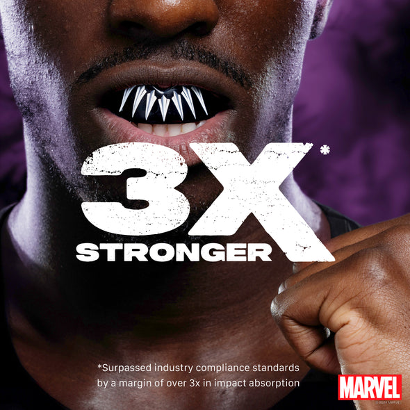 Close-up of a person with a superhero costume, featuring the text '3X Stronger' and Marvel logo.