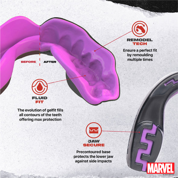 Gelfit mouthguard with features highlighted on a white background, featuring Marvel branding.