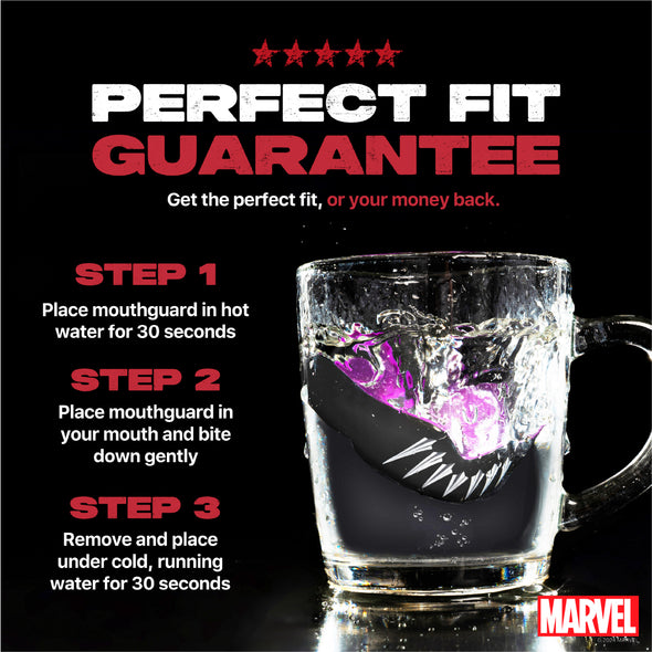 Mouthguard heating instructions with a Marvel logo on a black background
