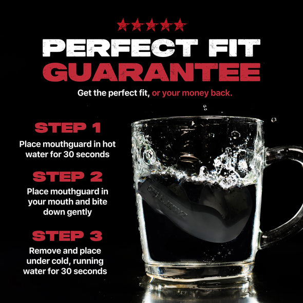 Mouthguard product with hot water and steps for use on a black background