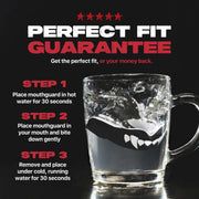Glass with a mouthguard inside, surrounded by text on a black background