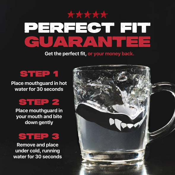 Glass with a mouthguard inside, surrounded by text on a black background