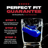 Mouthguard instructions with a blue mouthguard in a glass of hot water on a black background.