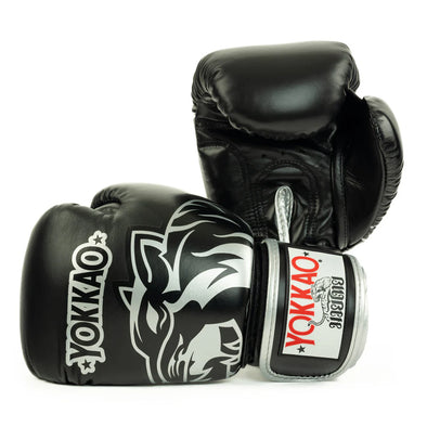 YOKKAO silver boxing gloves for Muay Thai, kickboxing, and training