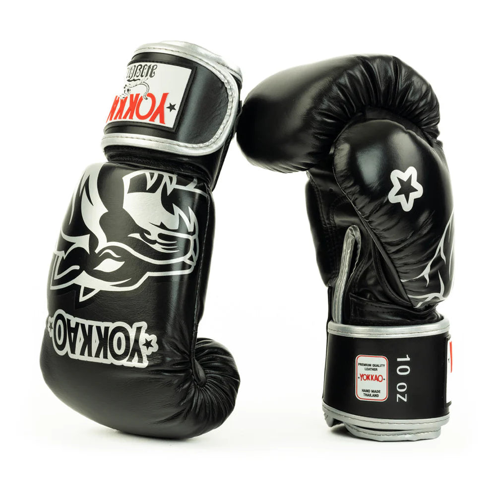 YOKKAO silver boxing gloves for Muay Thai, kickboxing, and training