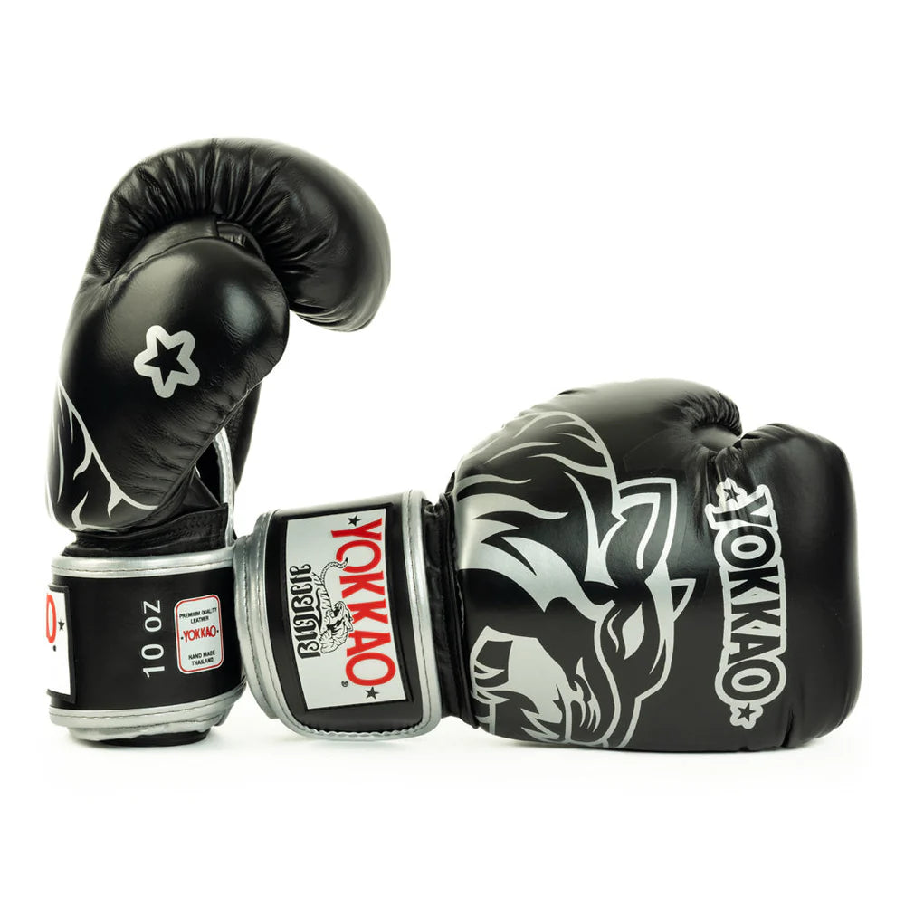 YOKKAO silver boxing gloves for Muay Thai, kickboxing, and training