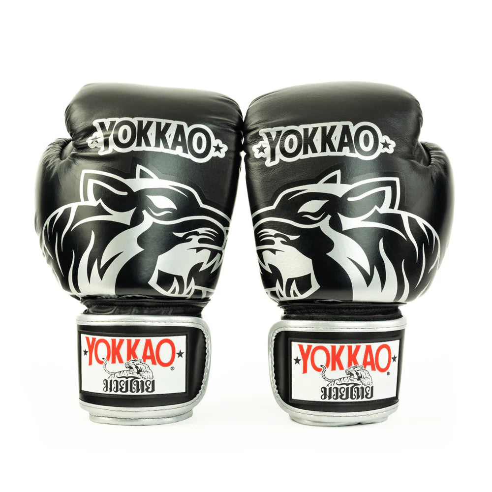 YOKKAO silver boxing gloves for Muay Thai, kickboxing, and training