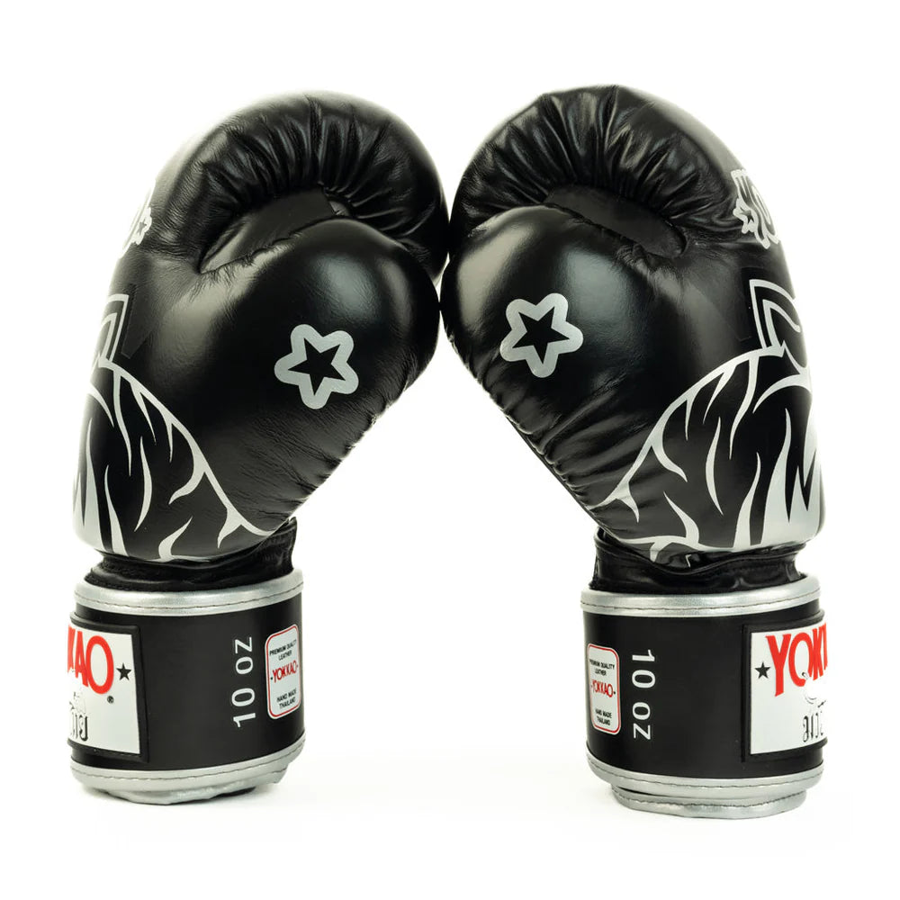 YOKKAO silver boxing gloves for Muay Thai, kickboxing, and training