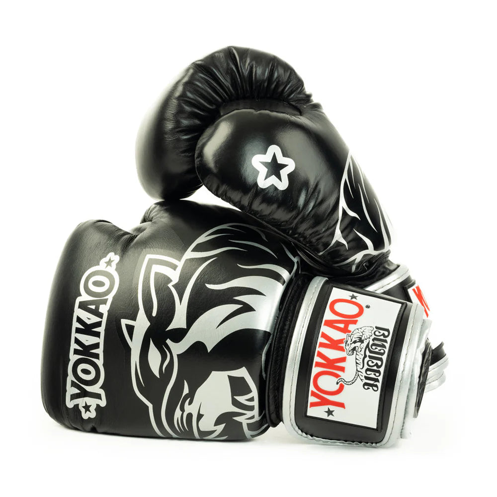 YOKKAO silver boxing gloves for Muay Thai, kickboxing, and training