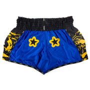 Blue athletic shorts with yellow star designs and black accents on a white background