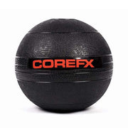 Black COREFX exercise ball on a white background