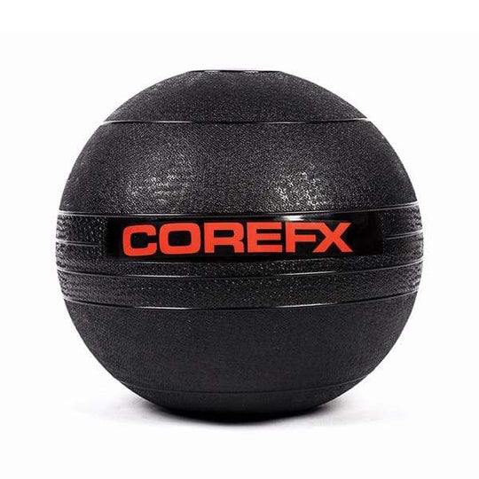 Black COREFX exercise ball on a white background