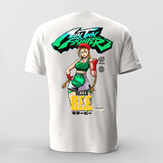 White t-shirt with a colorful graphic of a character and text on the back, on a light gray background.
