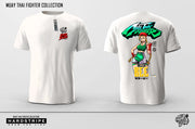 White t-shirt with Muay Thai fighter design on front and back, brand 'Hardstripe' visible.