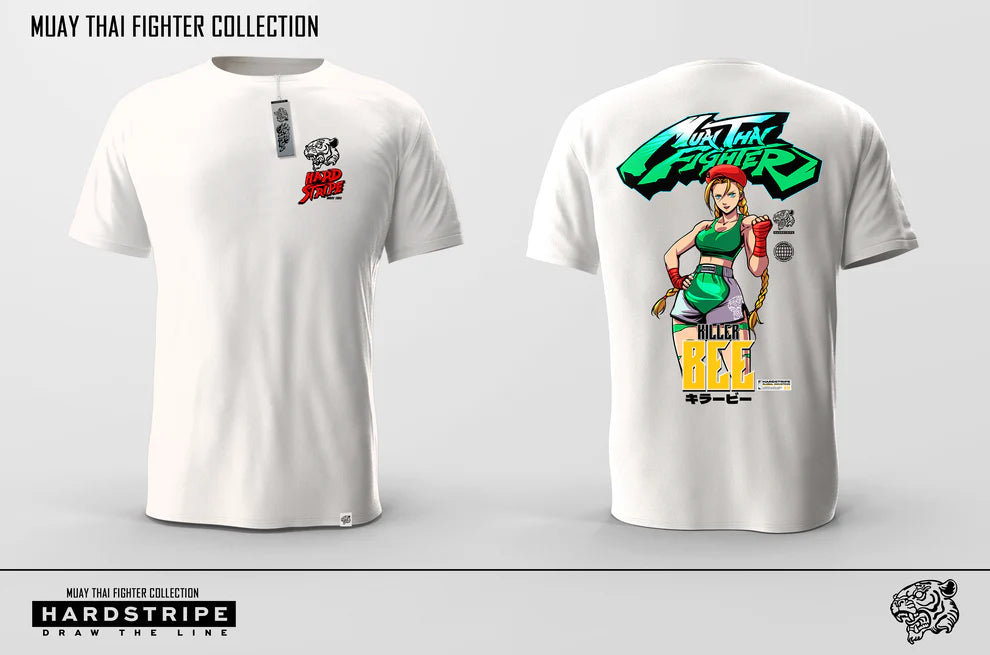 White t-shirt with Muay Thai fighter design on front and back, brand 'Hardstripe' visible.