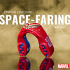 Red and blue helmet with Marvel logo on a reflective surface, text 'Channel your inner SPACE-FARING warrior' above.