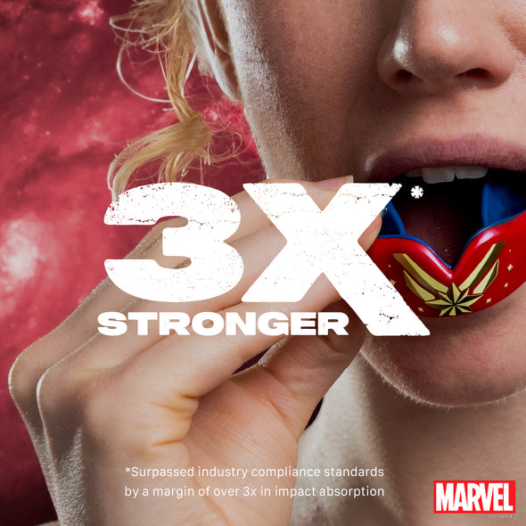 Person wearing a superhero mask with '3X Stronger' text and Marvel logo.
