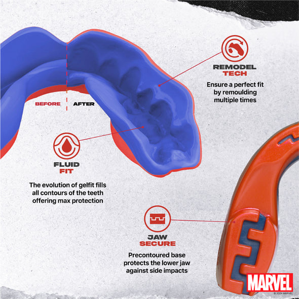 Gelfit mouthguard with Marvel branding, showing before and after design on a textured white background.