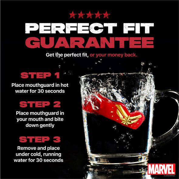 Mouthguard advertisement with steps for use and Marvel logo on a black background