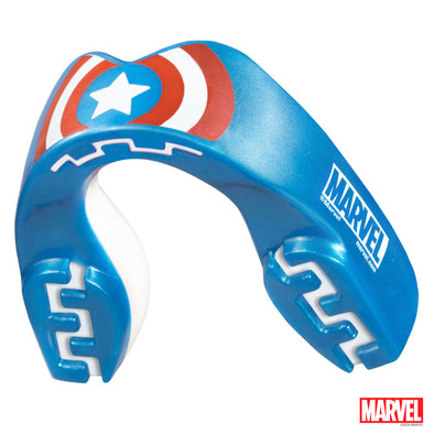Blue mouthguard with Captain America shield design and Marvel logo on a white background