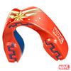 Red and blue mouthguard with Marvel logo on a white background