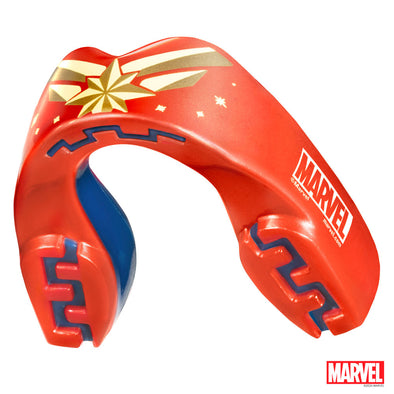 Red and blue mouthguard with Marvel logo on a white background