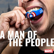 Person wearing a Marvel superhero mouthguard with text 'A Man of the People' and Marvel logo.