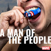 Person wearing a Marvel superhero mouthguard with text 'A Man of the People' and Marvel logo.