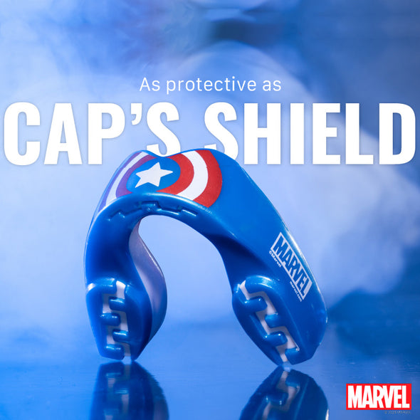 Blue mouthguard with Marvel logo on a blue background, featuring text 'As protective as Cap's Shield'.