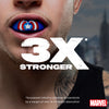 Close-up of a person with a superhero mask in their mouth, featuring the text '3X Stronger' and Marvel logo.