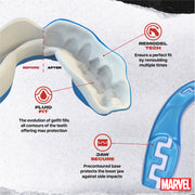 Teeth guard with Marvel branding, showing 'Before' and 'After' design, features like 'Remodel Tech', 'Fluid Fit', and 'Jaw Secure'.