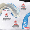 Teeth guard with Marvel branding, showing 'Before' and 'After' design, features like 'Remodel Tech', 'Fluid Fit', and 'Jaw Secure'.
