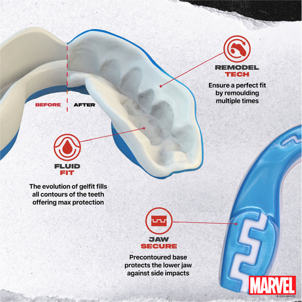 Teeth guard with Marvel branding, showing 'Before' and 'After' design, features like 'Remodel Tech', 'Fluid Fit', and 'Jaw Secure'.
