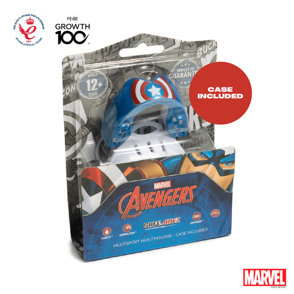 Marvel Avengers mouthguard packaging with a case included on a white background