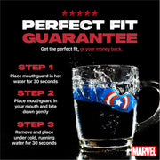 Mouthguard with Captain America design on a mug, featuring a 'Perfect Fit Guarantee' advertisement.