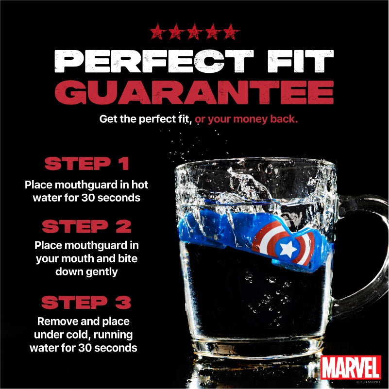 Mouthguard with Captain America design on a mug, featuring a 'Perfect Fit Guarantee' advertisement.