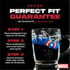 Mouthguard with Captain America design on a mug, featuring a 'Perfect Fit Guarantee' advertisement.