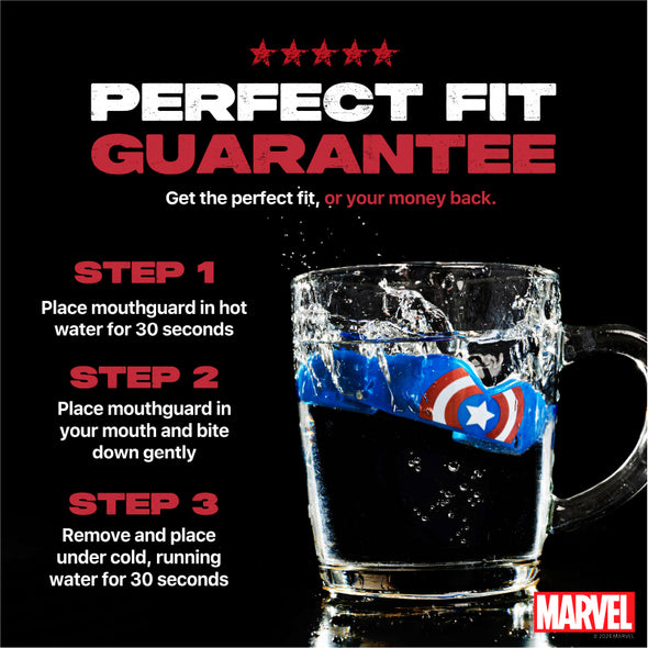 Mouthguard with Captain America design on a mug, featuring a 'Perfect Fit Guarantee' advertisement.