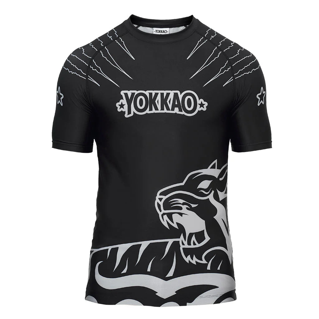 Black t-shirt with white graphics and 'Yokkao' branding on a white background