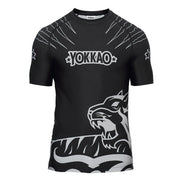Black t-shirt with white graphics and 'Yokkao' branding on a white background