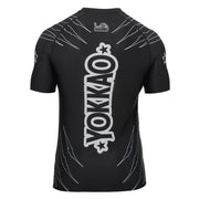 Black sports jersey with white text and graphics on a white background