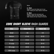 Measurement chart for core short sleeve rash guards with a black t-shirt on a textured black background.
