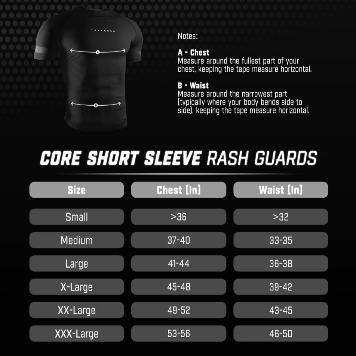 Measurement chart for core short sleeve rash guards with a black t-shirt on a textured black background.