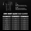 Measurement chart for core short sleeve rash guards with a black t-shirt on a textured black background.