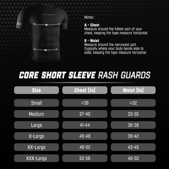 Measurement chart for core short sleeve rash guards with a black t-shirt on a textured black background.