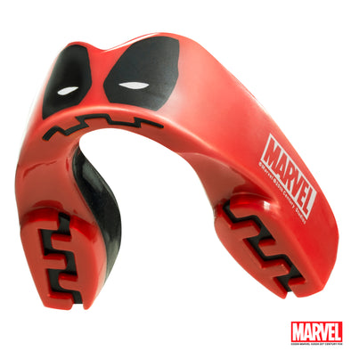 Red and black mouthguard with Marvel logo on a white background